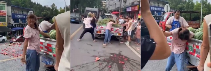 重庆一对男女打着弱势群体的旗号 讹钱不成就杀光人家整整一车西瓜！