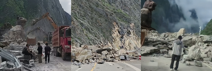 7月13日下虎跳隧道突发山体塌方 道路严重受阻 小型车辆缓慢通行大型货车无法通过