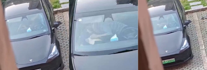 沪爷开特斯拉搞车震 被高层住户偷拍到车震细节 群里曝光之后居然欣然接受！