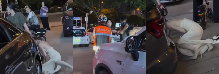 邵阳深夜街头原配暴怒抓小三 白裙高跟美女头发被狂扯跪地拖行