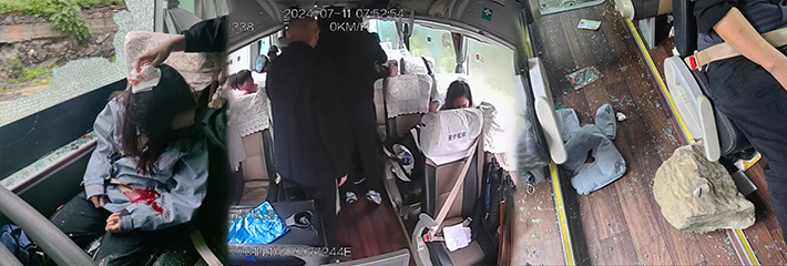 雨季游玩需谨慎！旅游车遭落石击中 当场带着一个 车内监控流出