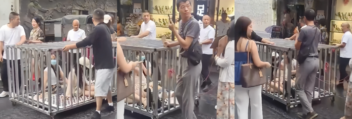 湖南岳阳汨罗市男子 何某 为博流量恶性摆拍 将女子关进铁笼游街示众