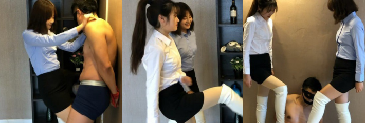 蛋蛋终结者之碎蛋娇娃双女化身强悍女神用白靴对男奴裆部展开攻击！女职业OL装更是诱惑的家人们极其上头！