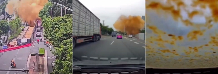 24日，广西南宁道路维修导致化粪池管线爆炸，瞬间漫天飞翔，路过车主遭殃！