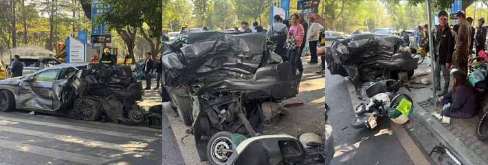 广东广州天河区科韵路突发车祸 错把油门当刹车 现场一片狼藉 造成多人受伤！