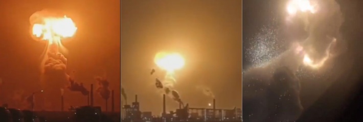银川一工厂深夜大爆炸，腾起橙色蘑菇云，天空被红光照亮