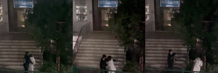 云南上大分，卧云山校区理化生实验室前一对情侣激情热吻，上演活春宫，校友越拍越兴奋