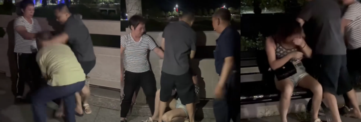 深夜公园抓奸现场 老头带小三遛弯被原配当场逮住 揪头发互撕 丈夫与路人混战 场面一片混乱