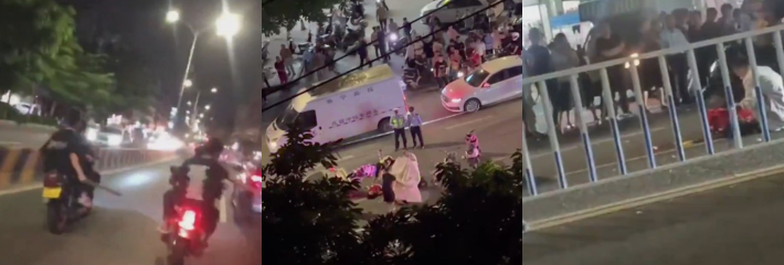 广东普宁区流沙西街道一群鬼火少年手持砍刀街头狂飙 当场砍死一男一女极其恐怖！
