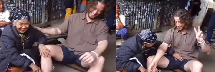 老奶奶当街抓住了洋人的大屌 就想要见识一下 哈喇流一地！