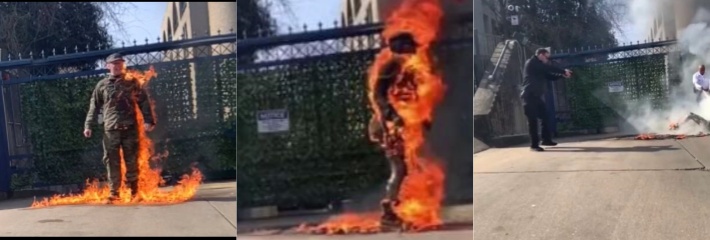 当地时间25日惊现一美国空军在以色列驻美华盛顿门口自焚 据说为了抗议巴以战争！