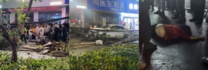河南信阳光山县司马光中路发生严重车祸 轿车撞断树杆路人女孩腰部扭曲 现场视频流出疯传