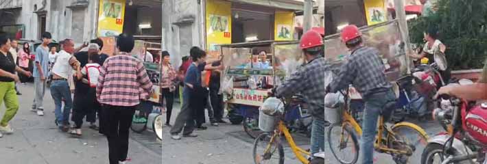 网传视频汕头一大男子对外地女摊主拳脚相向 原因竟是季度女子煎饼摊位好人流大 强行霸占不成出手伤人！