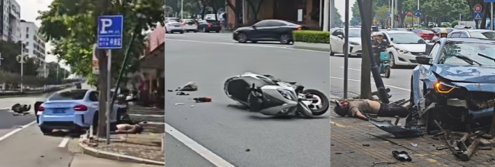 蓝色小车绿灯亮起狂踩油门 拉爆排气管 结果车子失控撞绿化带 摩托大哥被撞飞生死未卜!