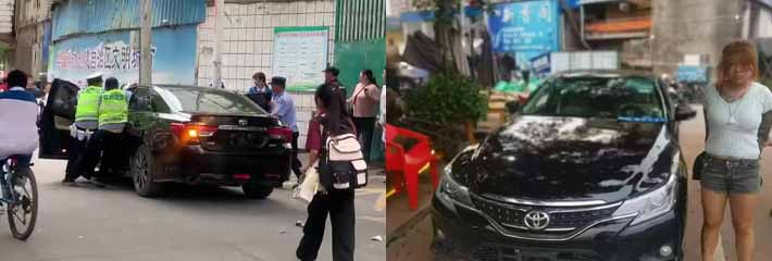 一女子驾驶无牌轿车在某实验小学门口开车 被交警叔叔当场抓捕 女子具有报复社会心理行为！