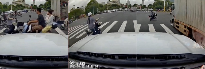 广东女子骑电动自行车横穿马路险被小车货车夹击 侥幸躲过危险后竟逆行返回走斑马线！