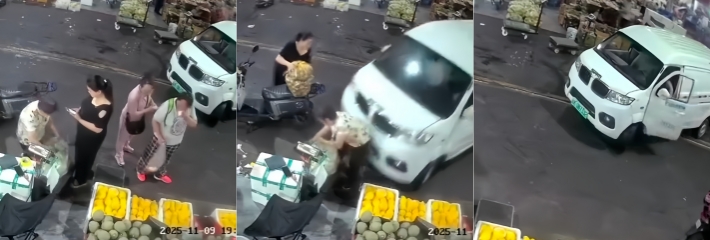 云南西双版纳景洪市 面包车司机起步失控撞水果摊 一死三伤触目惊心！