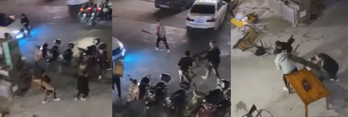 广东岸上渔夫烧烤店 突发黑衣人大乱斗 桌椅碎裂刀光闪烁 引来众人围观 现场惊心动魄！