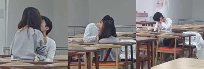 一情侣大胆在大学食堂 众目睽睽公然下跪口交 激情现场被同学拍下曝光