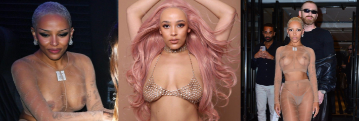 美国说唱歌手 Doja Cat 纽约出席活动 薄纱透视装惊艳亮相 两个大奶清晰可见 前卫造型大胆吸睛