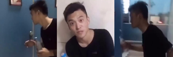 女厕所隔间突发表白恶搞 蹲坑拉到一半被深情告白 妹子吓到提裤踹门追打变态男笑喷全场！