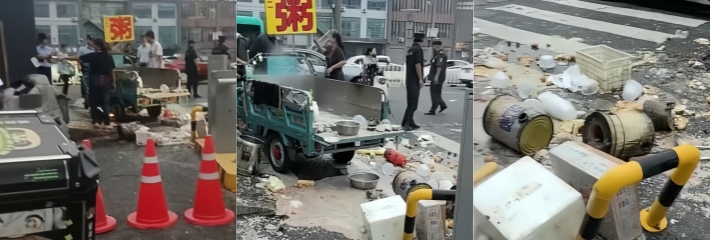 江苏盐城市第一人民医院 两名卖粥商贩因垄断地盘大打出手 车上热粥餐品乱砸 警方介入止乱局！