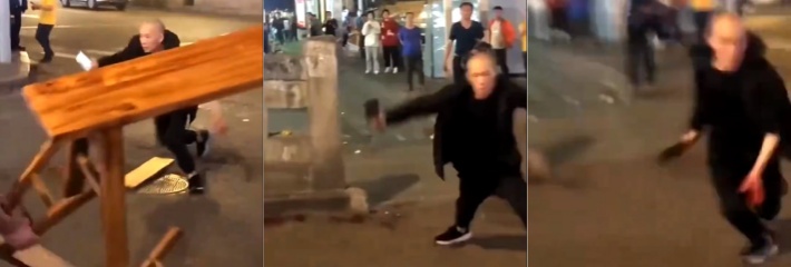 中国重庆一男子献忠 持刀猛砍路人 导致三名路人受重伤 男子随后被民众合力打倒四肢被打断！