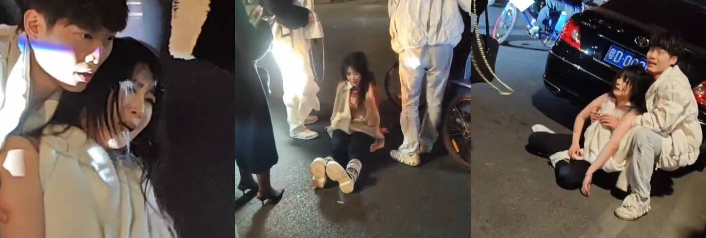 广东汕头大马路上一女子深夜买醉发疯 坐在地上就是一顿脱衣 多人阻拦都无用！