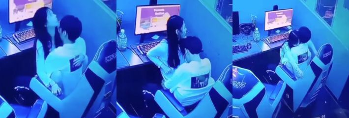 年轻人火力旺盛直接在网吧边打游戏边干炮 女友上位坐屌疯狂挪动肥臀遭监控拍下！