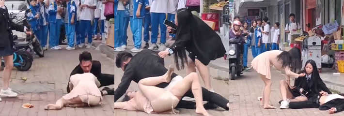 大白天街头醉汉发酒疯 路边强扒美女裙子 给围观的学生都看呆了！