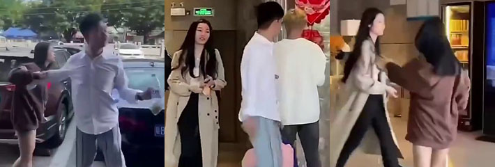 男子脚踏两条船 和小三出酒店被老婆当场抓包 小三现场装懵