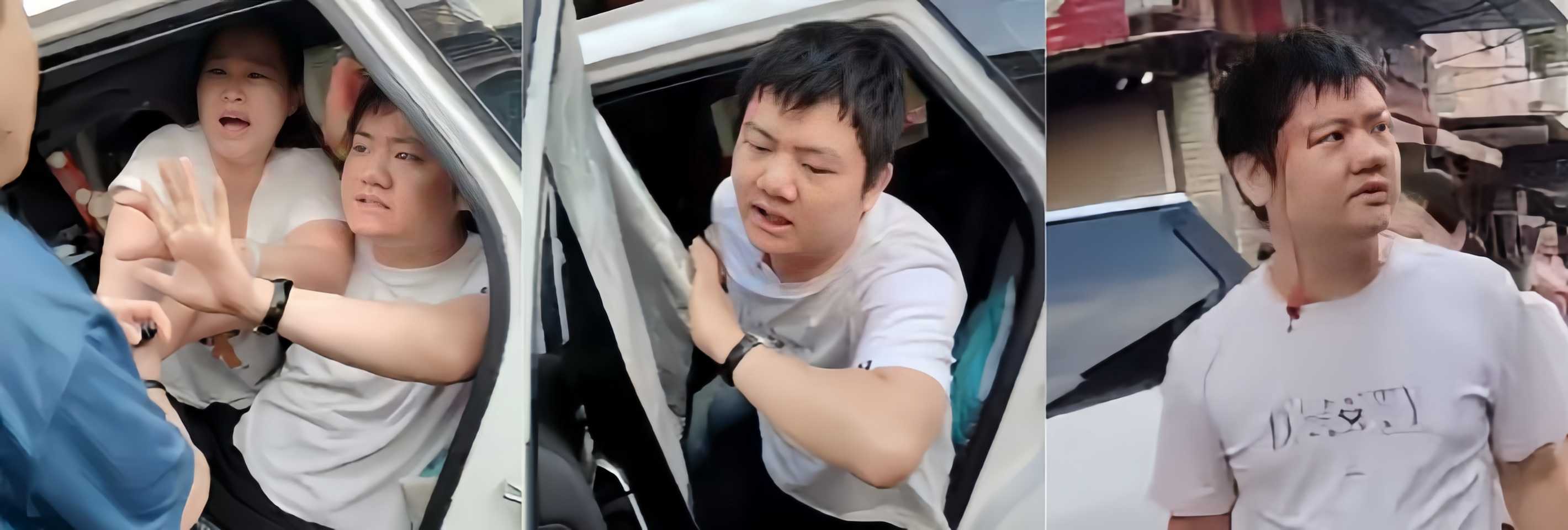 广东揭阳人妻车内偷情被当场抓包 丈夫手持甩棍爆锤奸夫 双方互相拉扯场面极度混乱