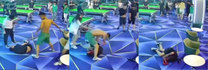 山东临沂台球厅事件 上演群殴事件 一群人把一黑衣男子摁在地上乱打至头破血流 这是下死手啊！