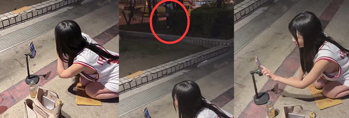 台湾网红玲奈在台北车站直播时 变态男在旁边对着她打飞机 报警后变态消失