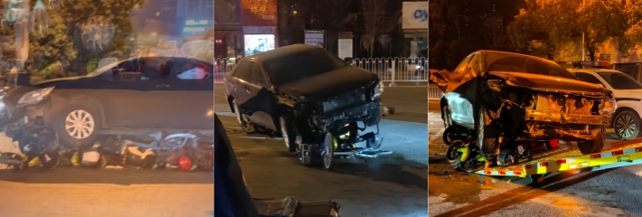 湖南涉外学院南门 发生严重事故 轿车龙卷风横扫电动车 司机撞完跑路 留下一地狼藉！