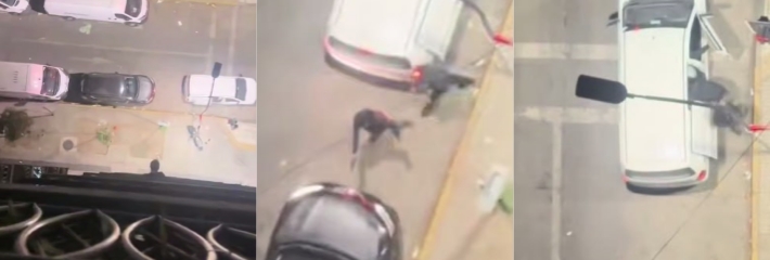 智利深夜大街 劫匪驾驶面包车持枪抢劫 被楼上居民录下全过程！