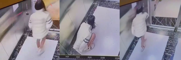 电梯监控炸裂流出 长发美女当场蹲地隔裤撒尿 黄色尿液喷满地后淡定走人 骚操作看得人头皮发麻！