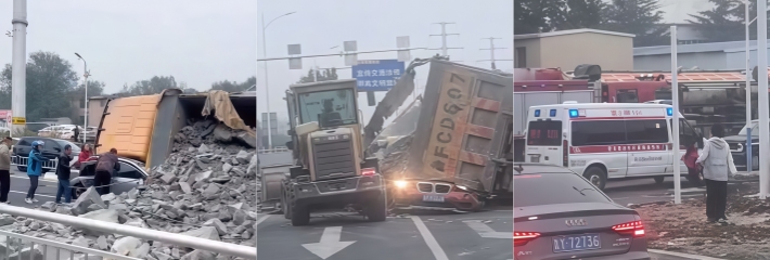 山东烟台电厂东路交叉路口 满载沙土车转弯侧翻 旁边车辆被瞬间压扁 画面触目惊心！