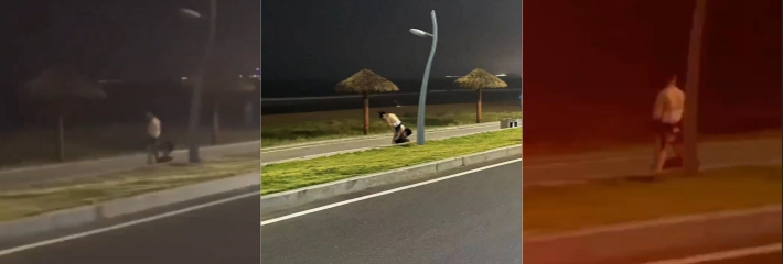 奇葩 深夜海边一对男女在马路边行苟且之事，男子蹲下对女子下体部位埋头苦干！