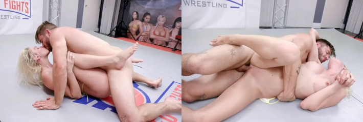 男女混合全裸摔跤比赛 Kenna James vs Nathan 男选手是一边摔跤一边抠逼 一记裸绞直接中出！