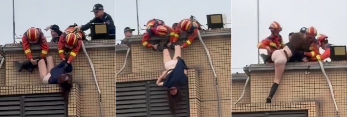 年轻女子跳楼自杀 现场视频曝光 消防员徒手施救惊险万分！