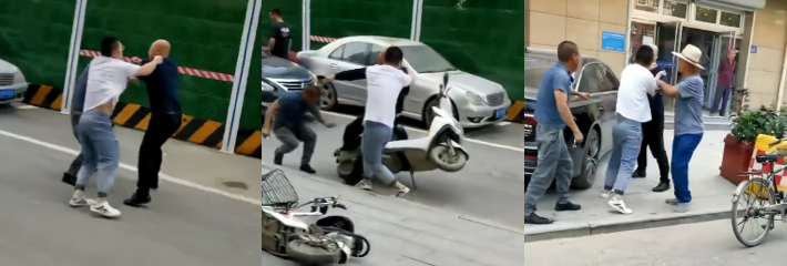 街头突发打架事件 光头男1v2父子俩激烈打斗 现场暴力血腥围观热议