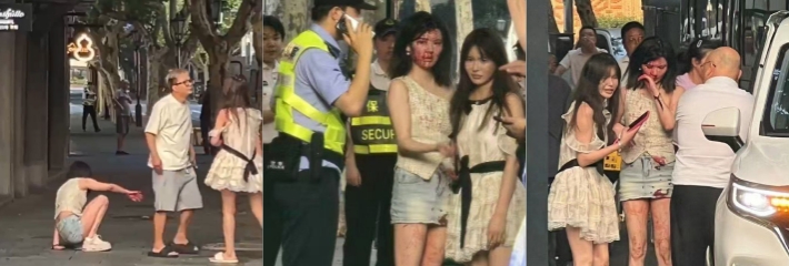 上海街头男子大街上搭讪女孩不成，把妹子给打了 下手很重，妹子满脸是血！