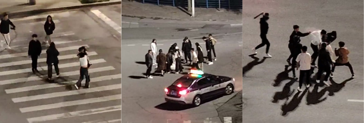 深夜街头 精神小伙小妹群架 挥棍互殴场面混乱 马路上互殴 行为非常危险