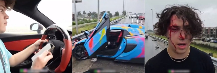 美国网红 杰克多尔蒂 直播期间撞毁了他的全新迈凯轮汽车 大雨天在快车道开车 还玩手机 简直就是作死
