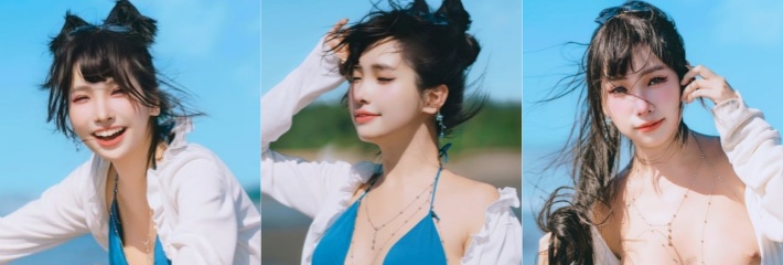 清纯少女Momo海边蓝色比基尼三点全露活力热舞 长腿高颜值女神风采 活力四射