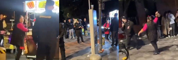 四川成都一保安制止大妈摆摊，被大妈泼开水驱赶，围观市民表示很爽！