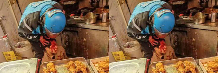 上海凯旋路一外卖员和商家起冲突 因商家出餐慢被外卖员割喉？你给我超时 我给你超度！