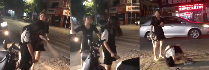 深夜街头惊现霸凌事件 妹子被精神小妹用木棍狂砸 画面残忍到令人发指