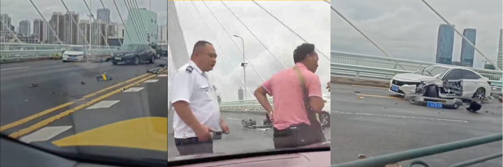 海口世纪大桥发生严重车祸，监控视频流出，完整捕捉一辆白色轿车高速失控撞向护栏的瞬间!